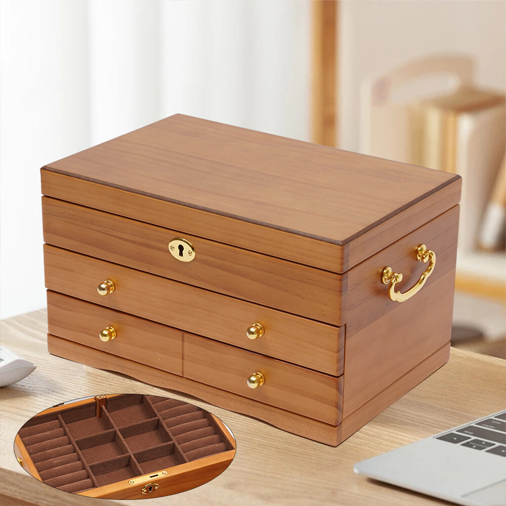Elegant 3-Layer Wooden Jewelry Box with Safe Lock and Velvet Interior