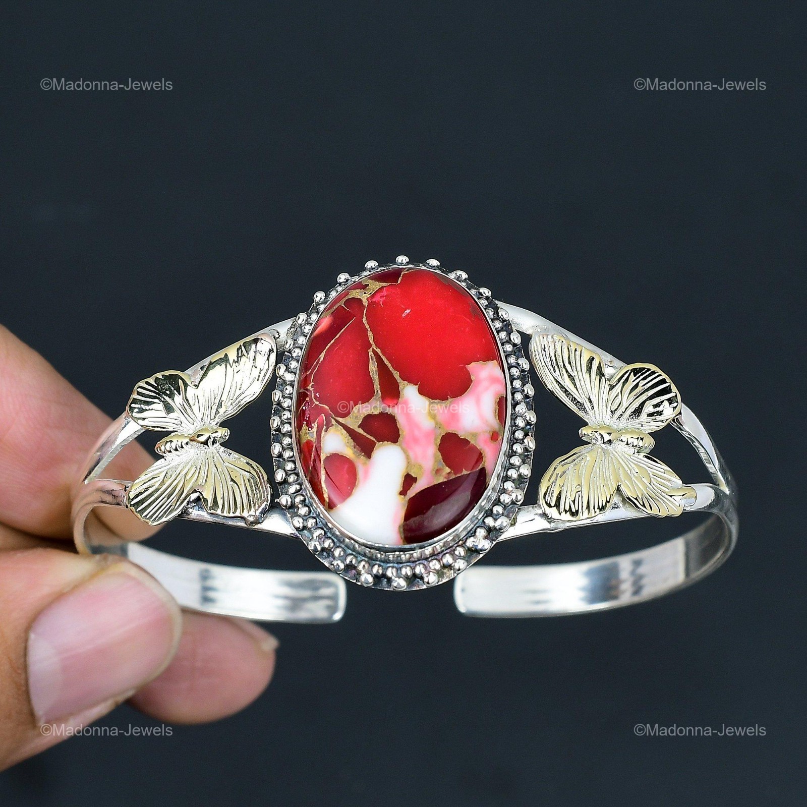 Natural Kingman Red Mohave Copper Turquoise Butterfly Bangle Jewelry 925 Silver