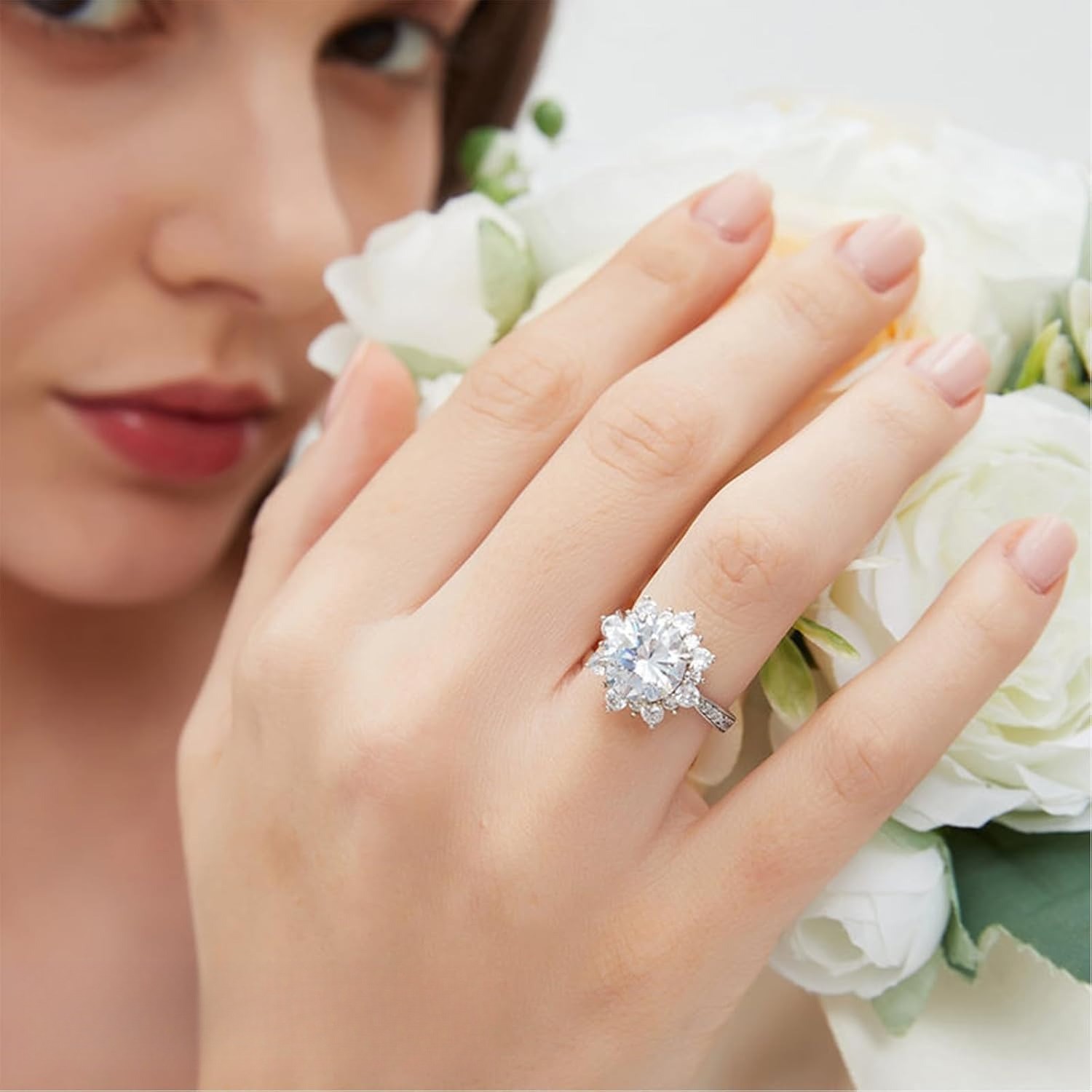 0.5-3CT Flower Halo D VVS1 Moissanite Ring 925 Silver 18K White Gold Plated