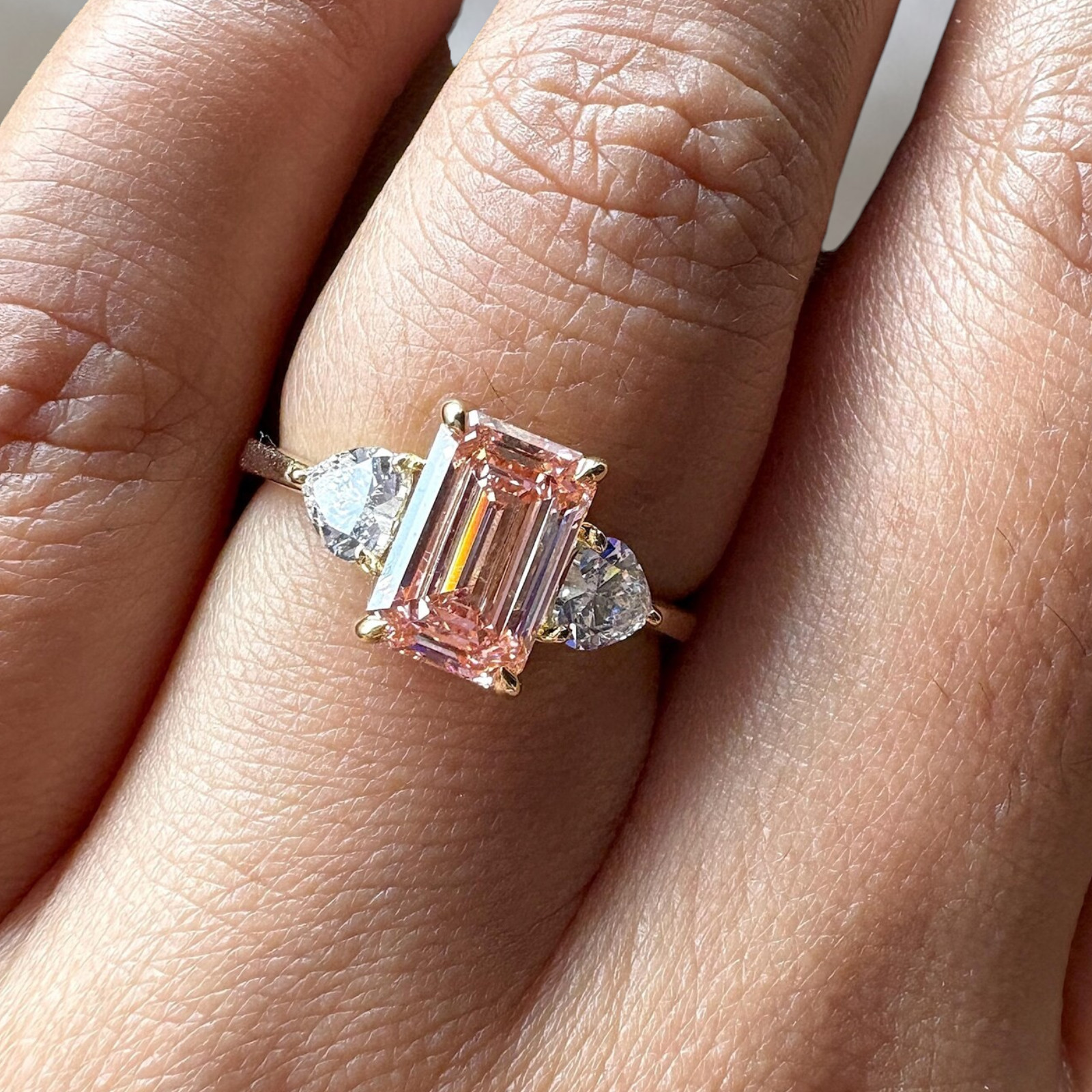 Fancy Intense Pink Diamond Ring Emerald 6.00 Carat IGI Lab Grown 18K Yellow Gold