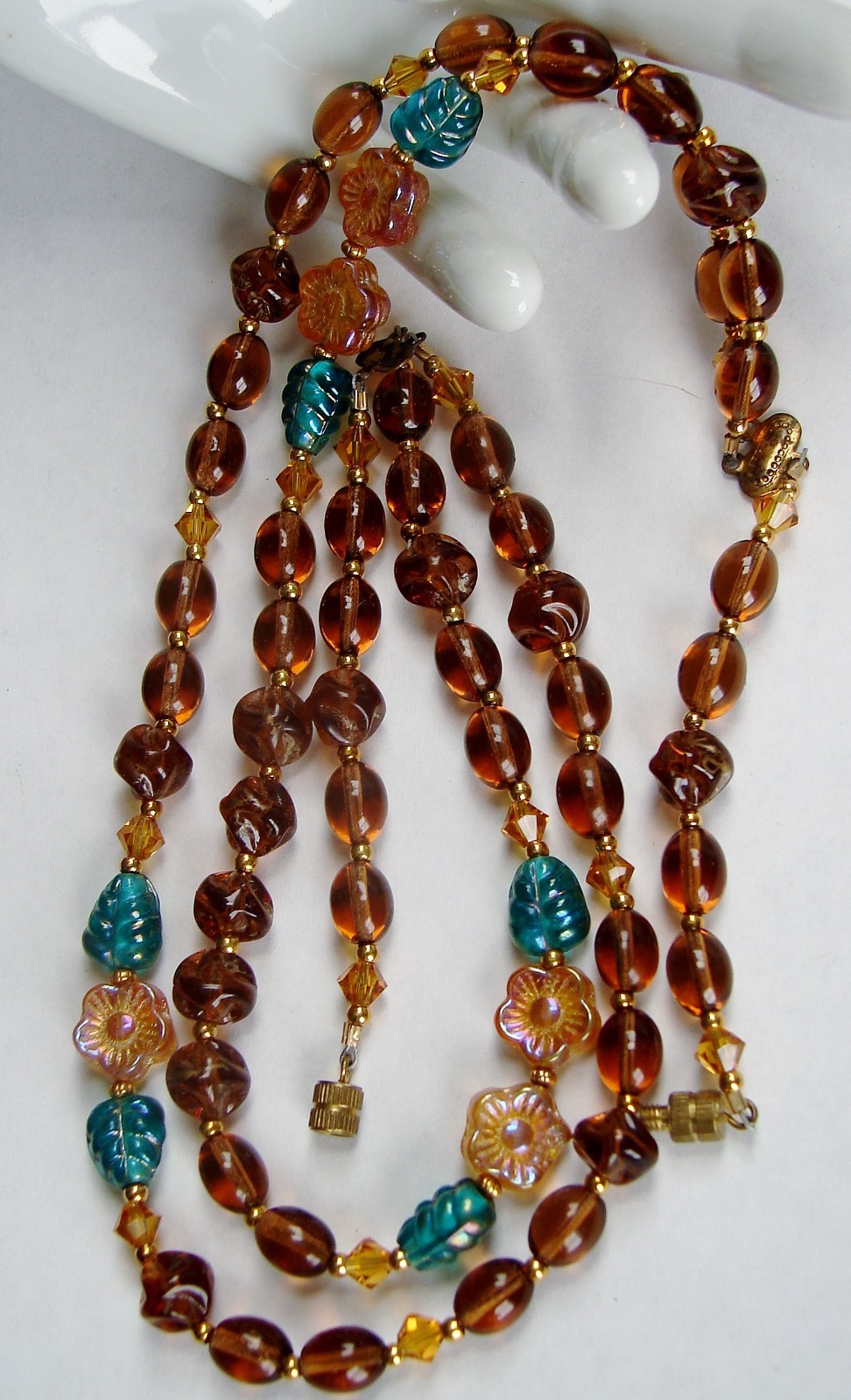 9″ Double Strand Amber-toned Bead Necklace w/Turquoise Colored Accents