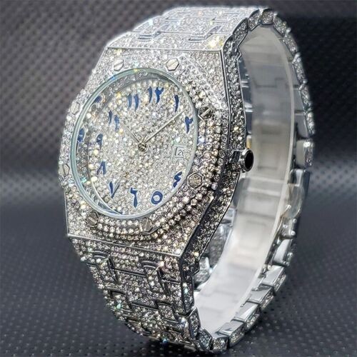 Arabic Hip Hop Luxury Ice out Men Watch Iced Bling Silver Cz Diamond Waterproof