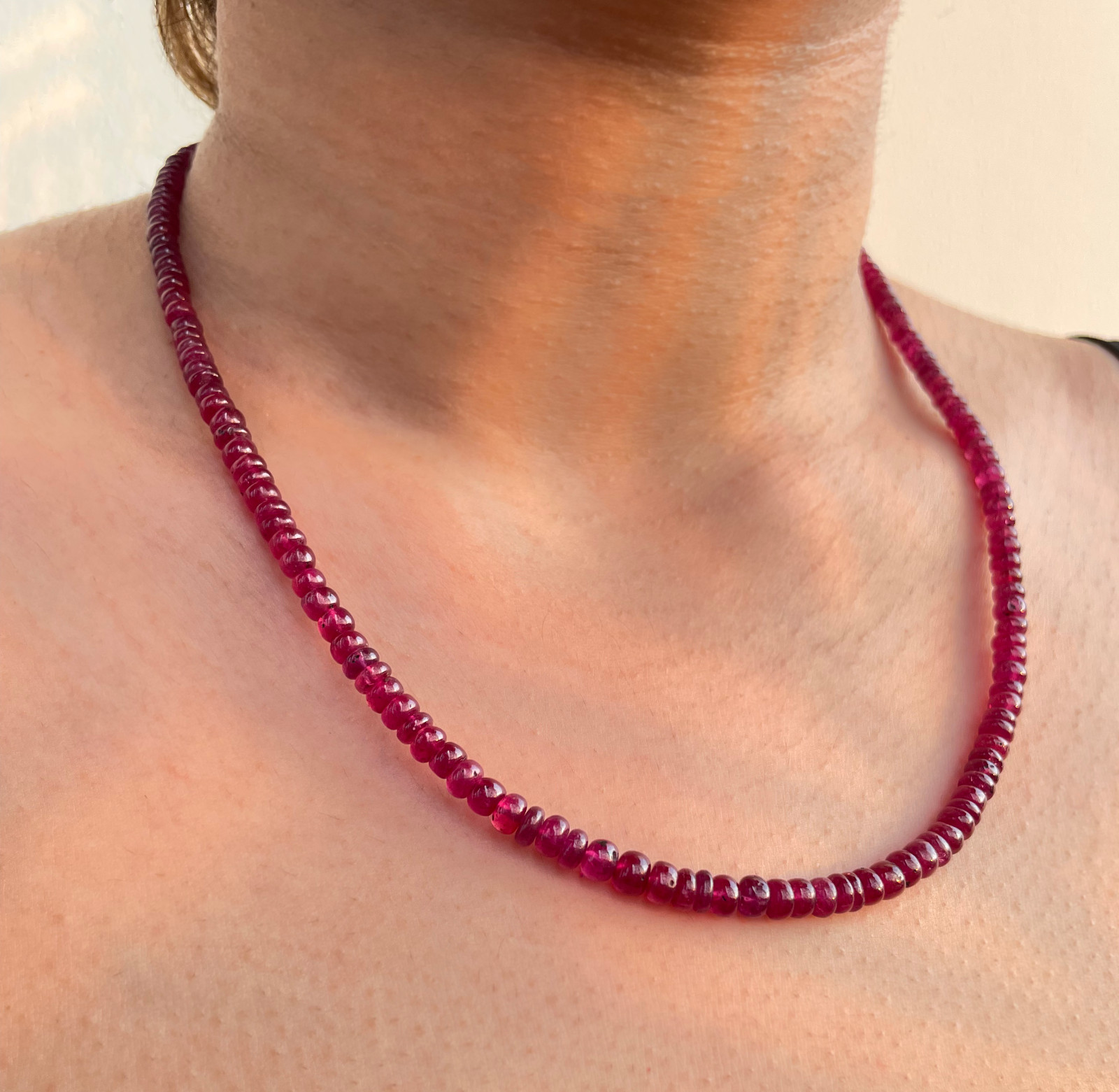 Natural Burma Ruby Necklace Smooth Rondelle Ruby Beads 9K Solid Gold Clasp 18″