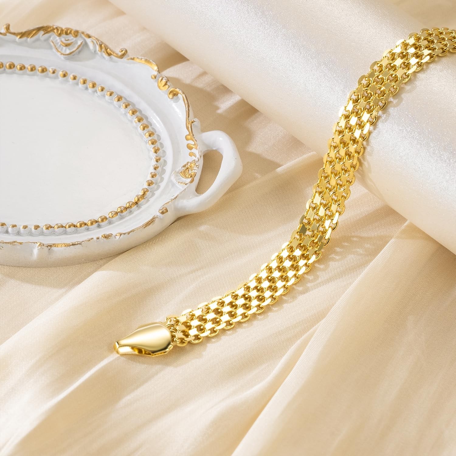 14K Gold Women’s Bracelet, Widen Chain Jewelry Gift, Adjustable 6.5-8.5in
