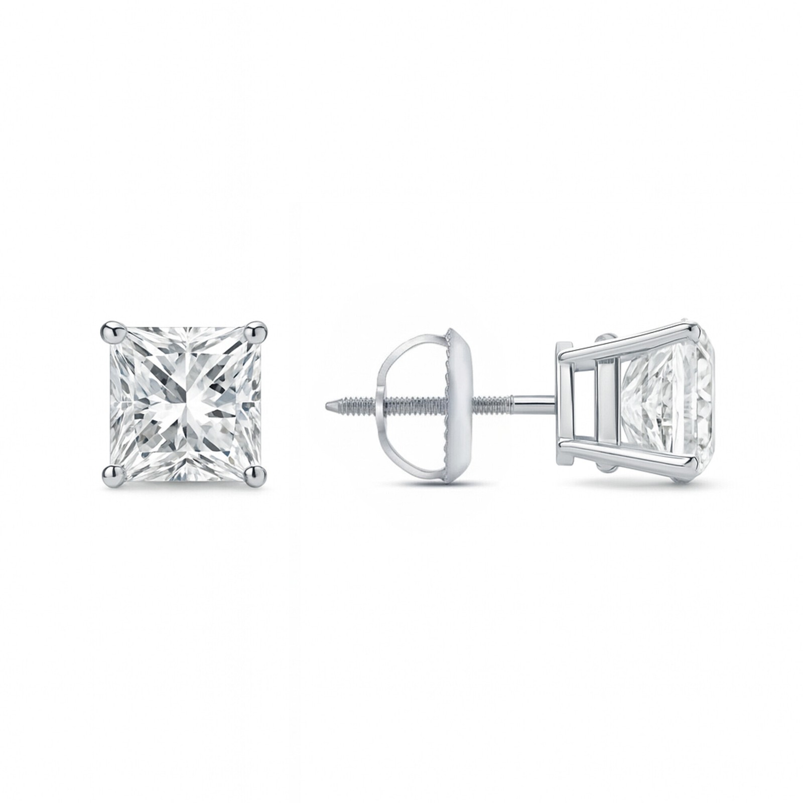 2 Ct Princess Lab Created Moissanite Earrings 18k White Gold Vermeil Screw