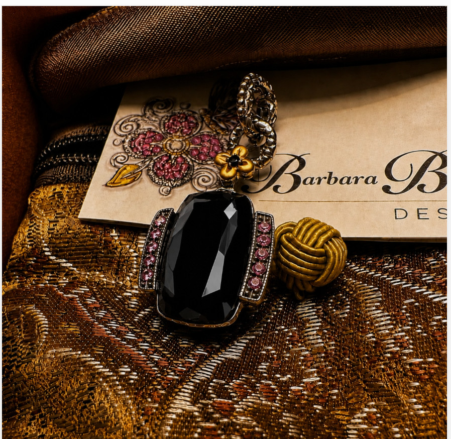 Barbara Bixby Black Onyx Cushion Cabochon Rhodolite Garnet Enhancer 925 18K NIB