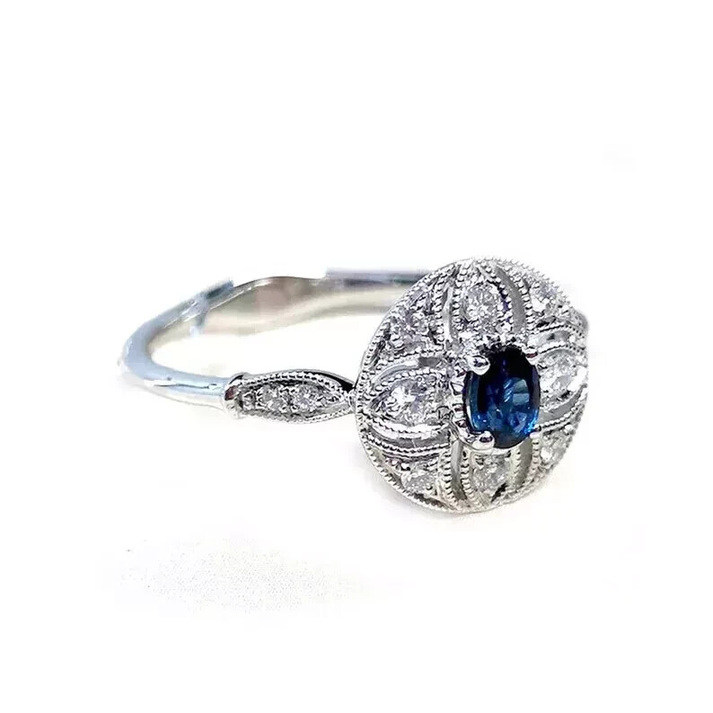 Art Deco Style Oval Sapphire Lab Created Diamond 14K White Gold FN Wedding Ring