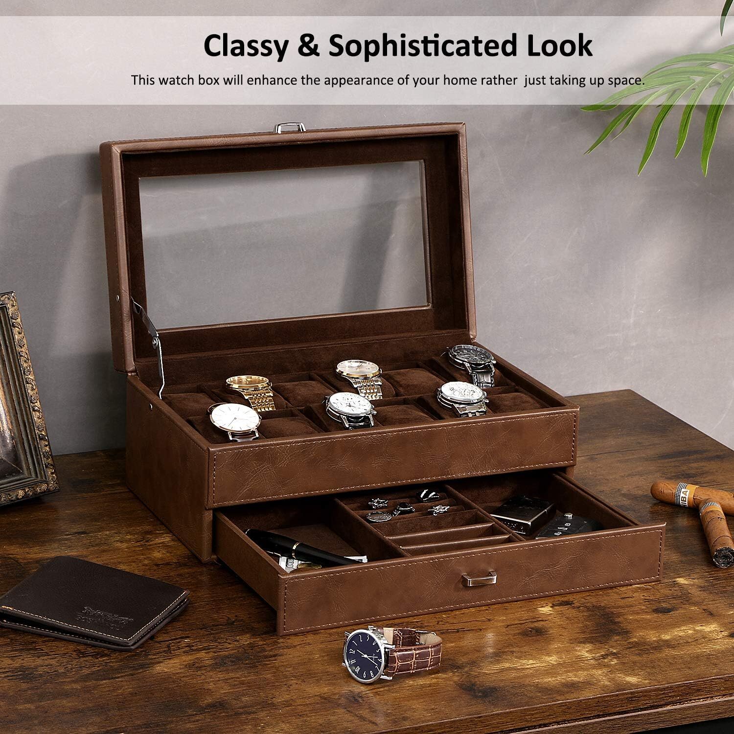 BEWISHOME Watch Box for Men Luxury Watch Organizer Faux Leather Watch Case with
