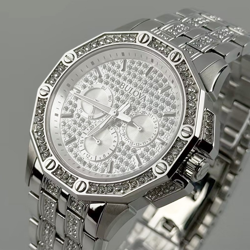 Bulova Octava Crystal 96C134 Silver Dial Chronograph Quartz Men’s Watch 41.5MM