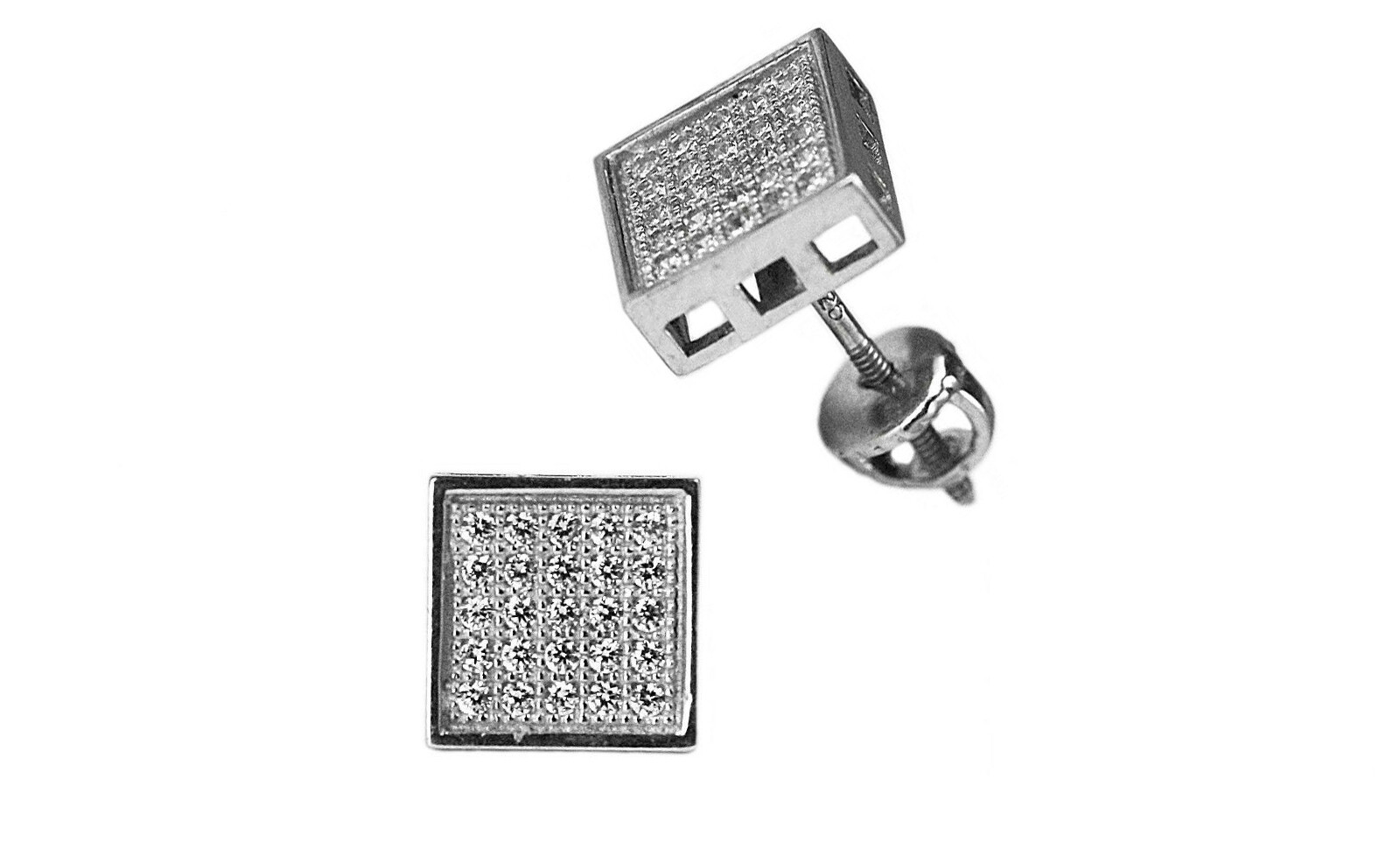 925 Sterling Silver Square High Quality Micro Pave Kite Screw Back Earrings