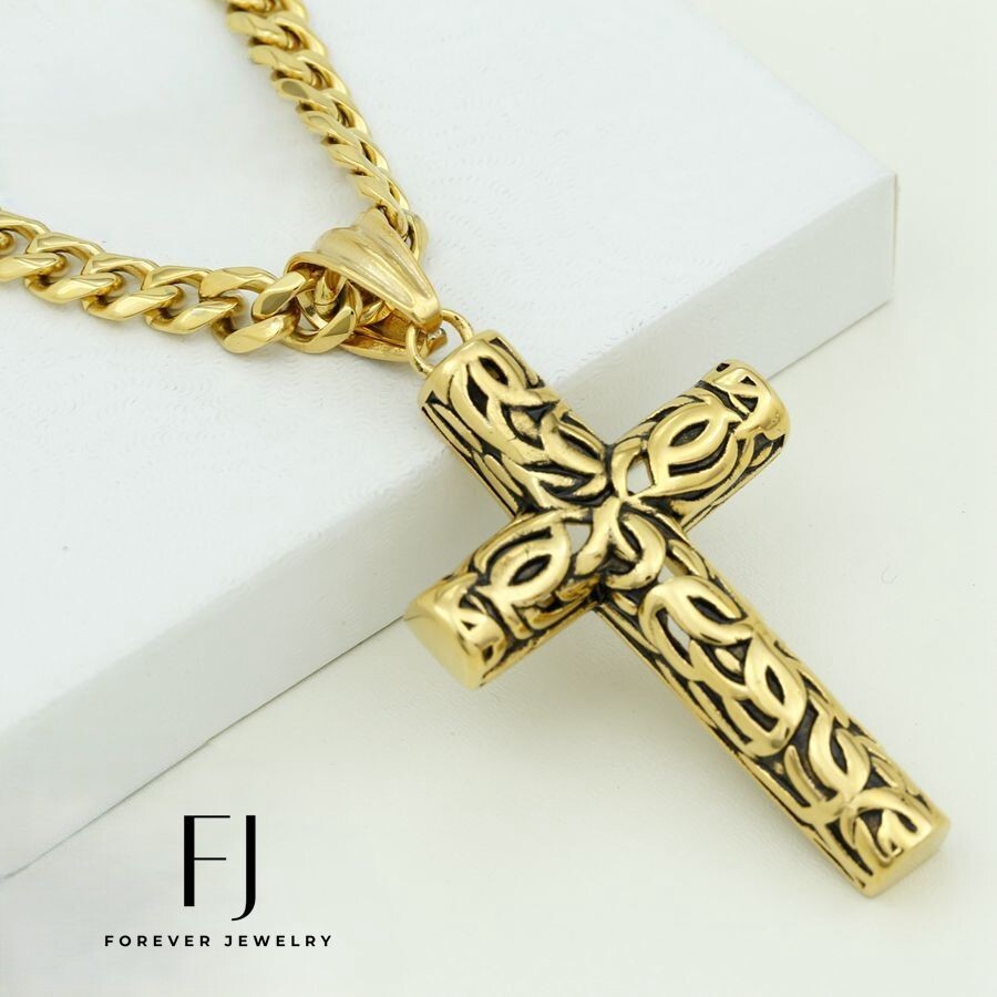 Men Stainless Steel Cross 2.8in Pendant,24″ Cuban Curb Chain Gold plated Box