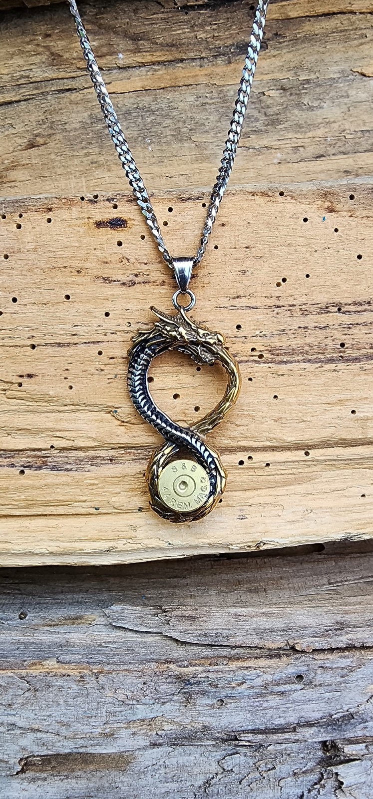 Lg Silver and Gold Stainless Dragon Bullet Necklace. 44 Mag. Optional Crystal.