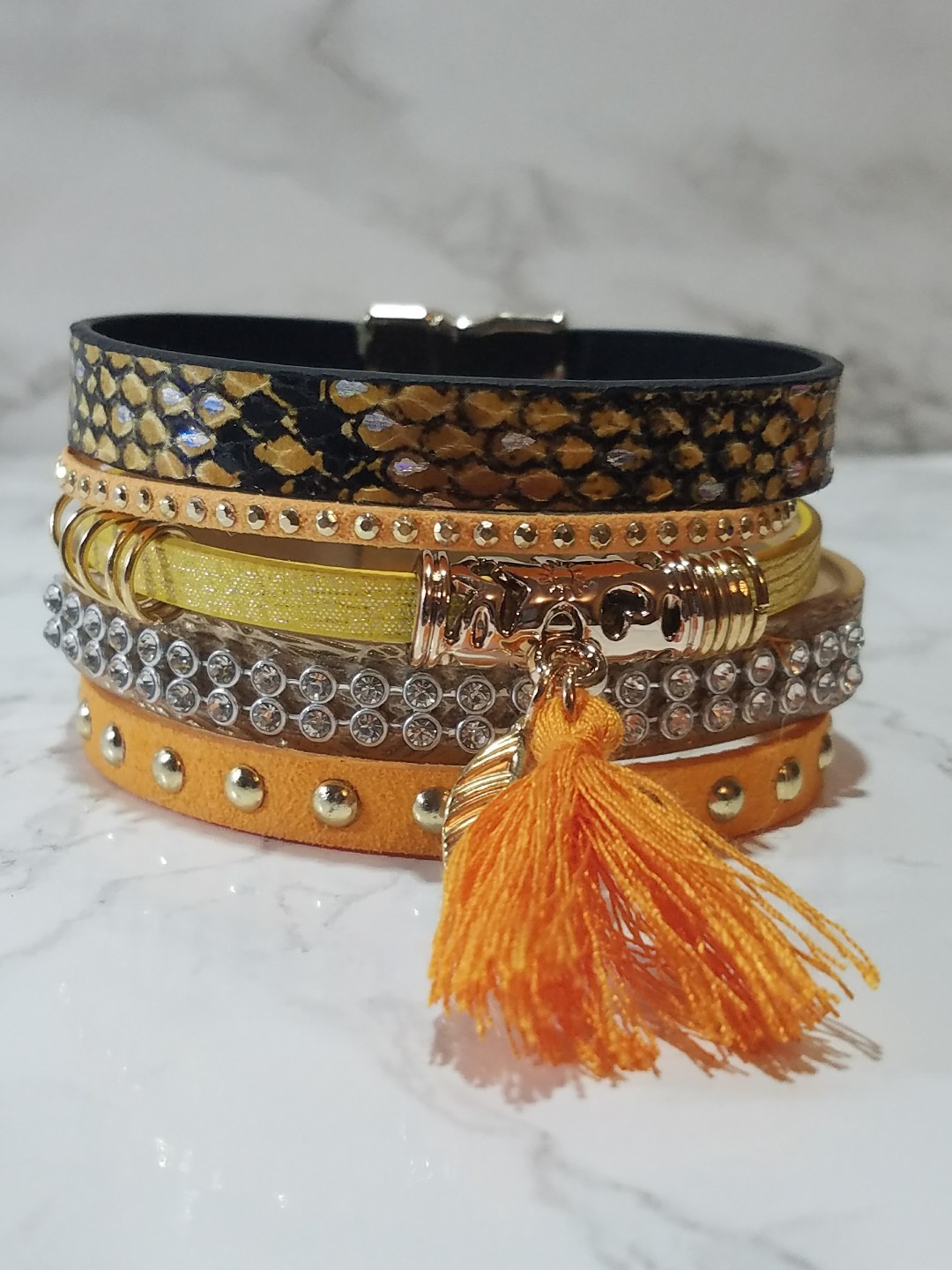 Wellmore Orange Snake Print Leaf Charm Tassel Leather Bracelet 19cm/7.5 inches