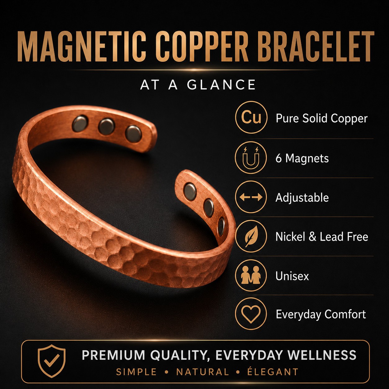 2Pcs Magnetic Copper Bracelet Set Pure Solid Copper 6 Magnets Adjustable Cuff