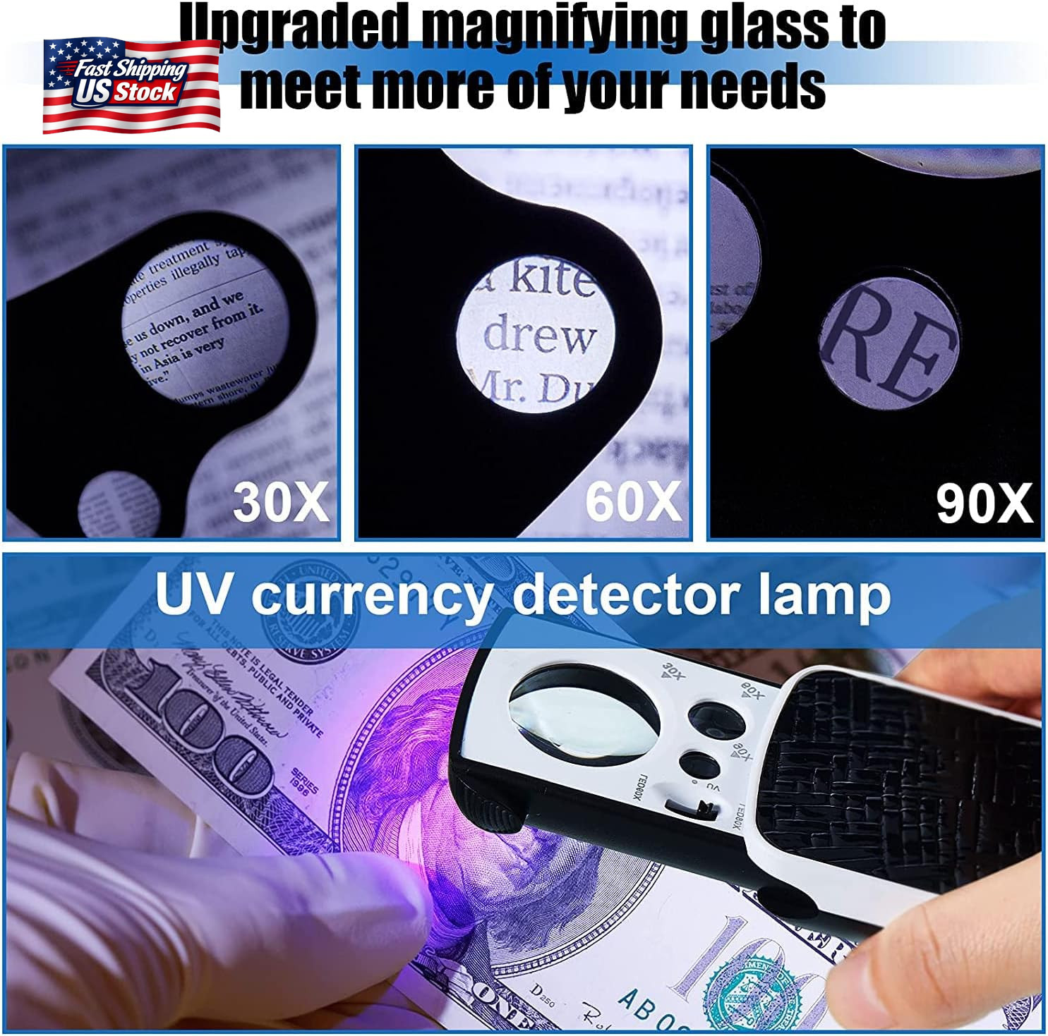 HMKIS Jewelers Loupe, 2 Pack Magnifying Glass with Light, 30X 60X 90X Jewelers L
