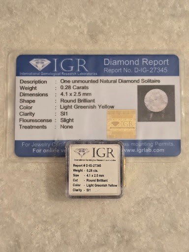 0.28 CT Natural Diamond Solitaire Round Brilliant SI1 Light Greenish Yellow IGR