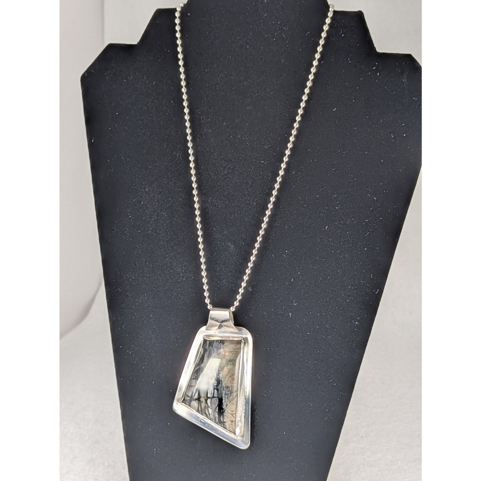 Picasso marble Sterling large pendant set in asymmetrical bezel + ball chain NWT