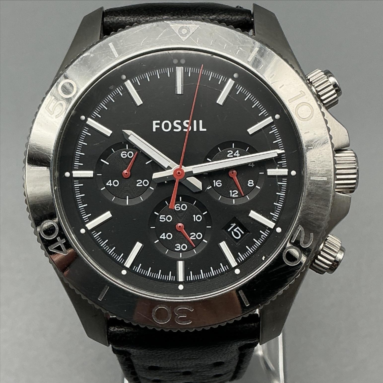Fossil CH2859 Mens Watch 44mm Black Dial Chronograph Leather Date New Battery