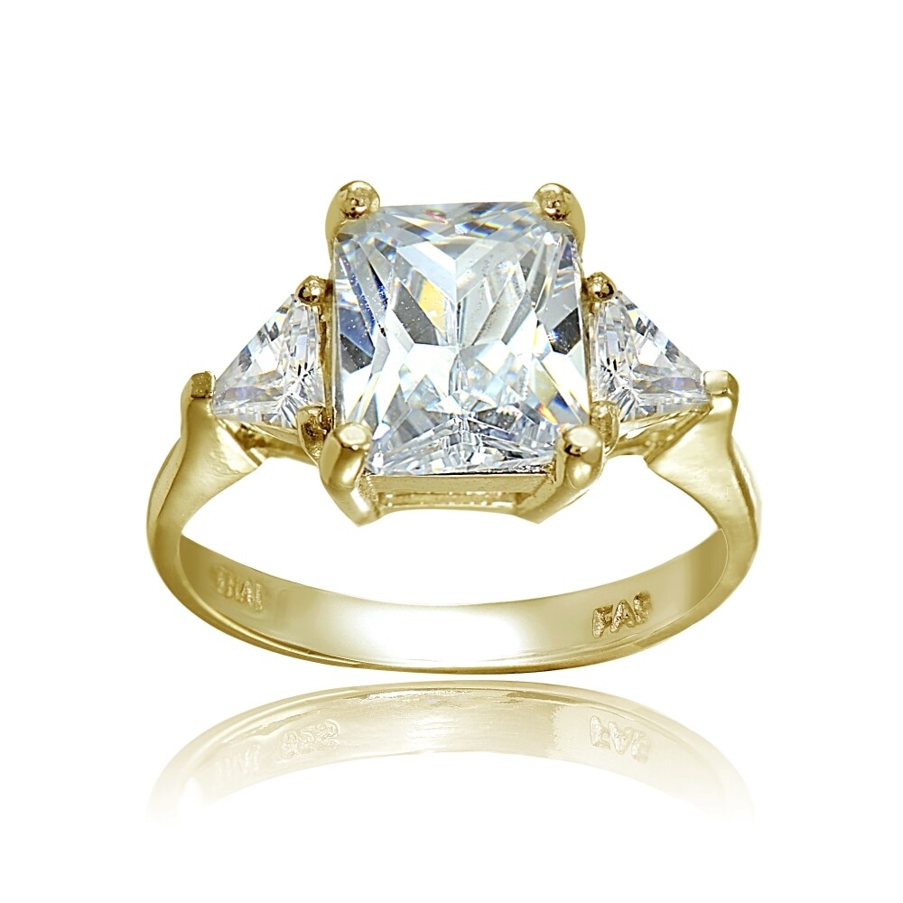 Yellow Gold Flashed Sterling Silver CZ Trillion & Emerald Cut Engagement Ring, 5