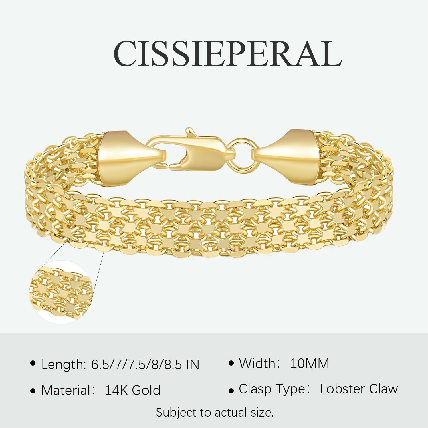 14K Gold Women’s Bracelet, Widen Chain Jewelry Gift, Adjustable 6.5-8.5in