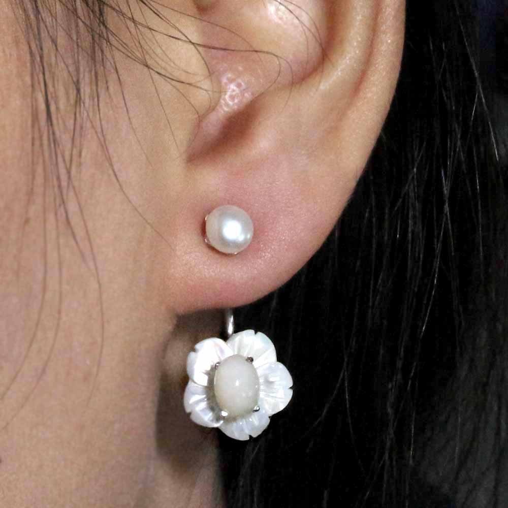 925 Sterling Silver Earrings Oval Fire Opal Mop Pearl Flower Gemstone Jewelry