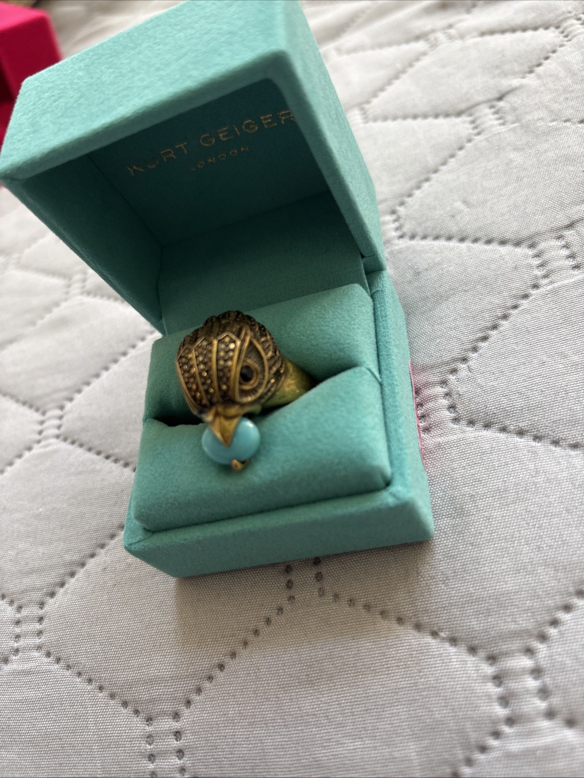 KURT GEIGER LONDON ANTIQUED GOLD TONE EAGLE HEAD RING TURQUOISE 9 New In Box