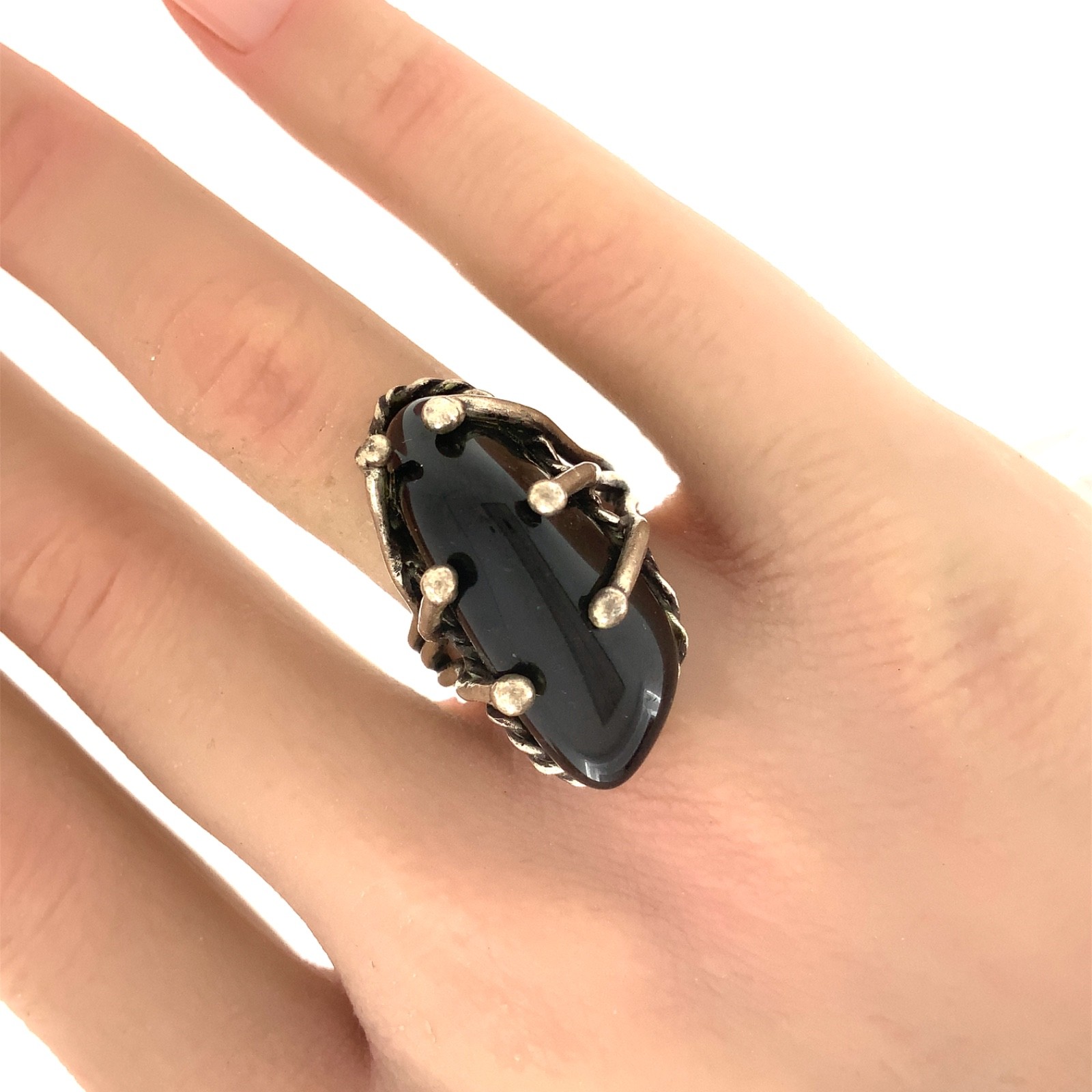 Modernist Vintage Onyx, Sterling Silver Statement Ring Sz. 6.5