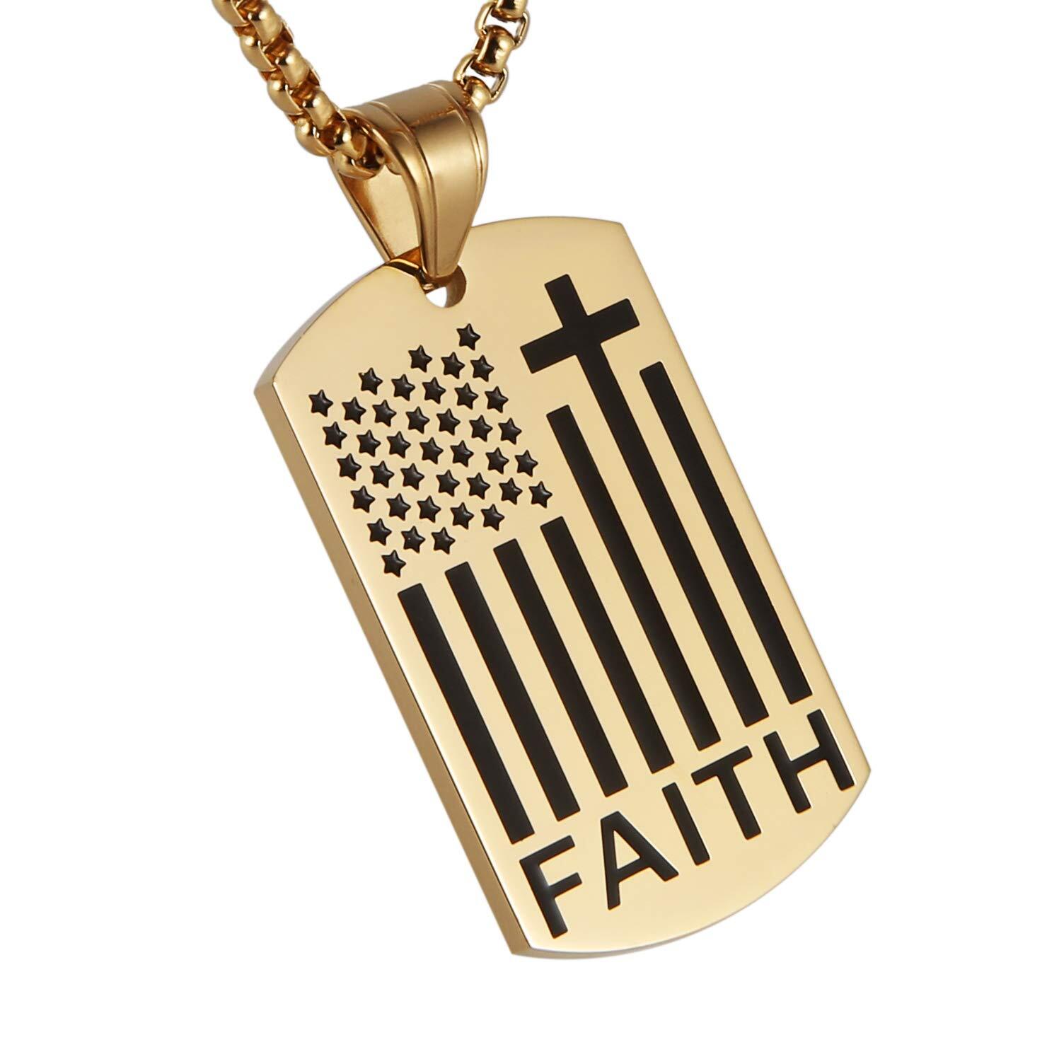 Men American Flag Cross Necklace Patriotic Verse Faith Dog Tag Pendant Chain