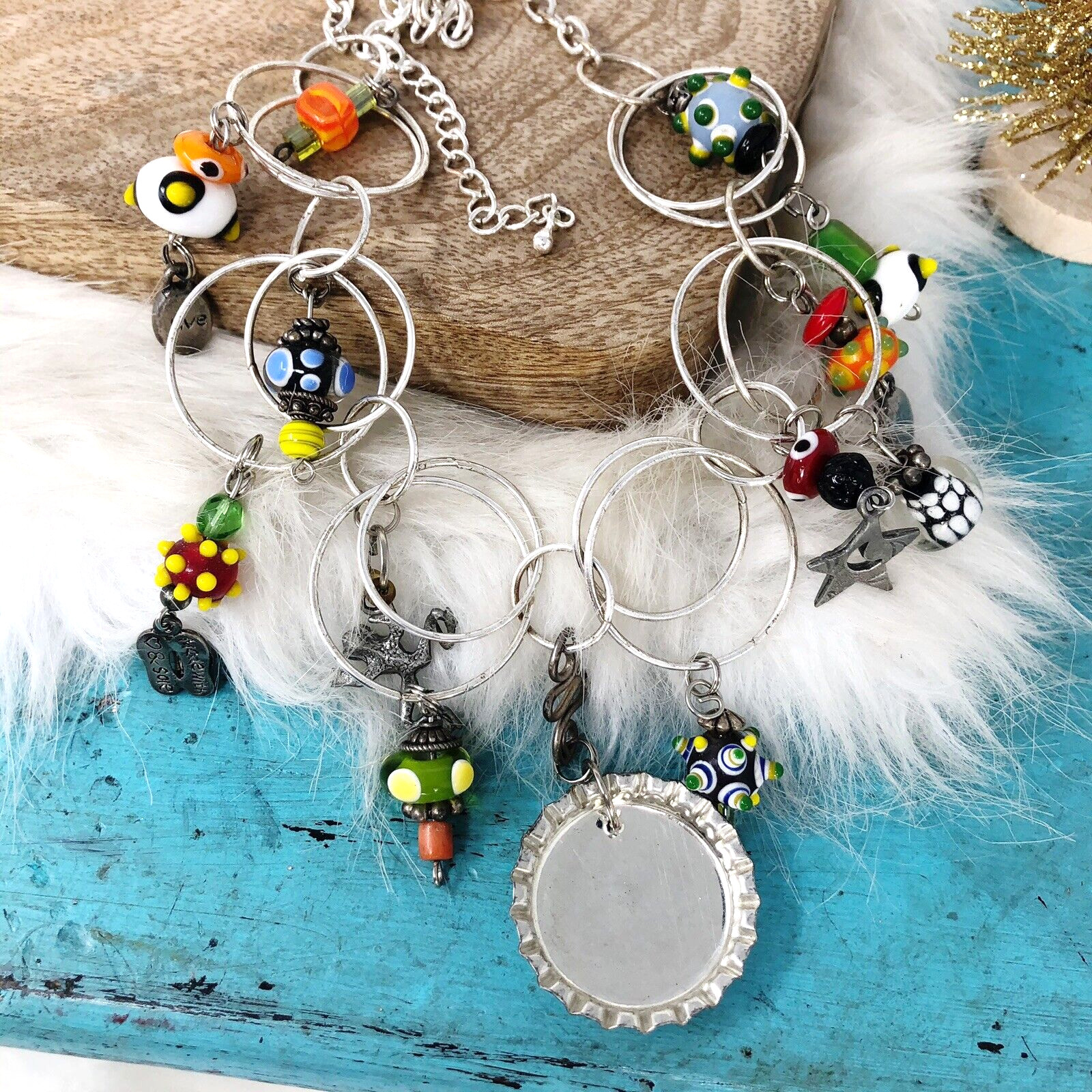 SUMMER FUN Colorful Vacation Silver Layered Whimsy Necklace Sandals Love Beach