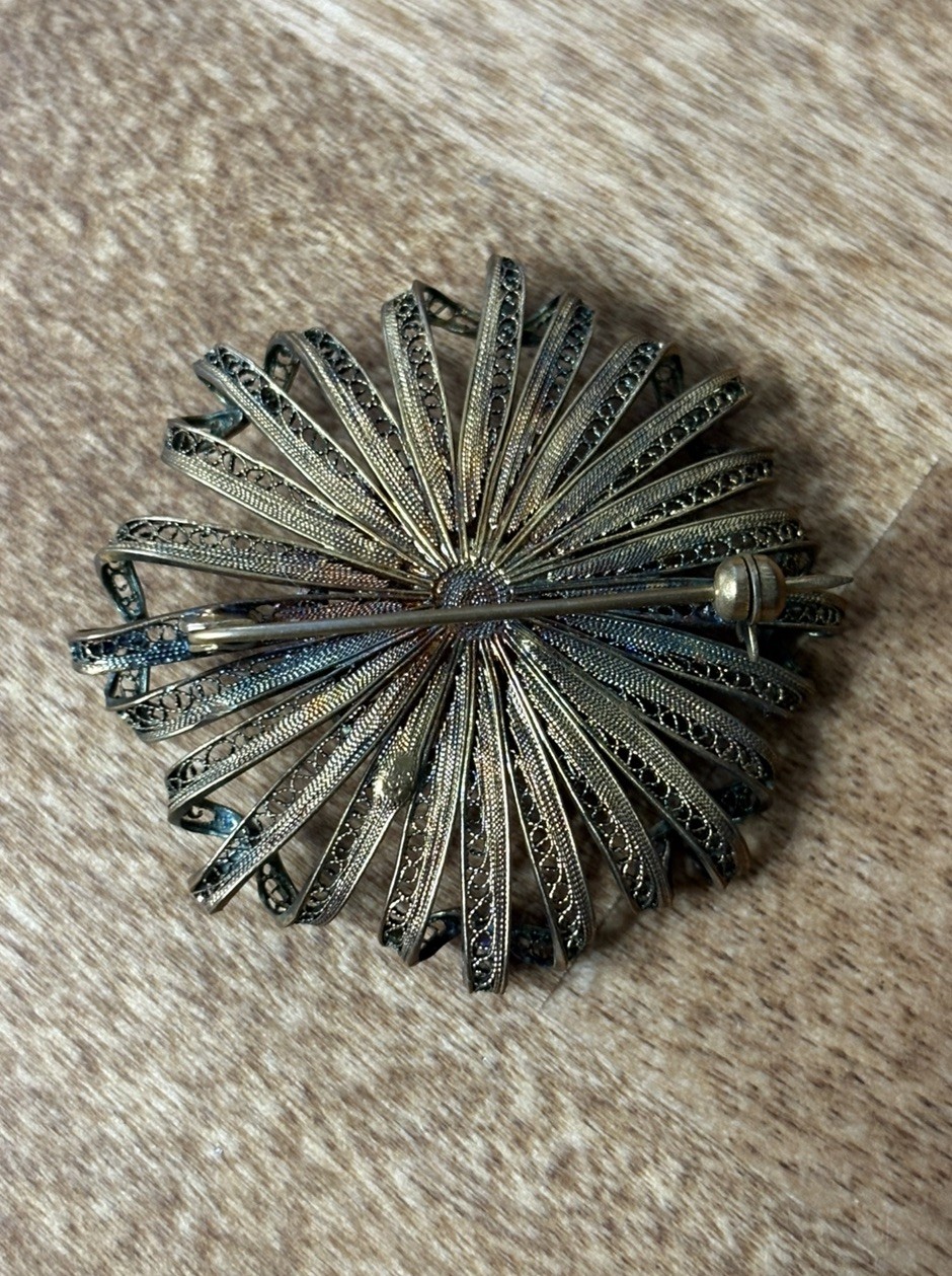 Antique Filigree Flower Brooch w/ Beautifully Toned Silver for Iridescent Color