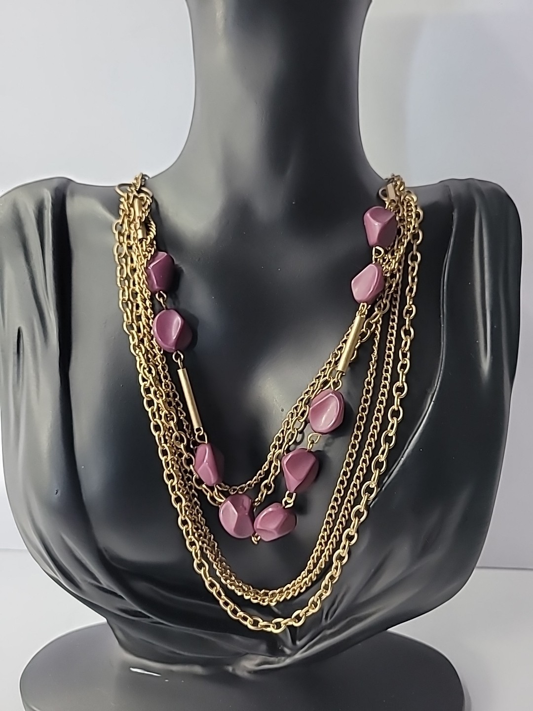 Vintage Necklace Multi Strand Chain Beaded Purple Bar Jewelry Costume