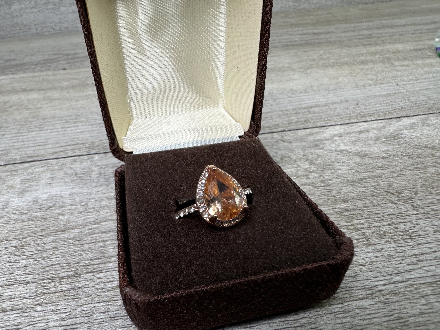 Rose Gold Tone Pear Peach Orange Solitaire Ring Size 6 Pave Accent Fashion
