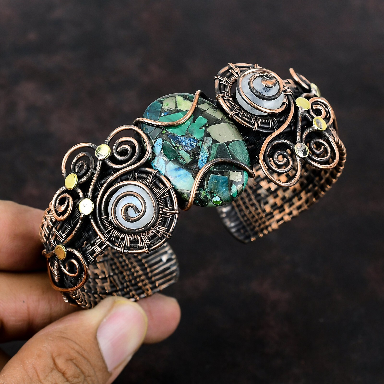 Copper Azurite Malachite Wire Wrapped Adjustable Cuff Handcrafted Copper Bangle