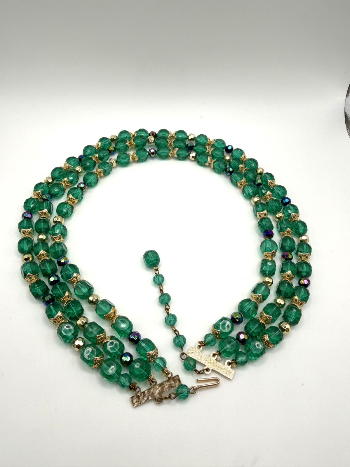 Hong Kong Vintage Vibrant Green Bead Triple Strand Necklace~Signed