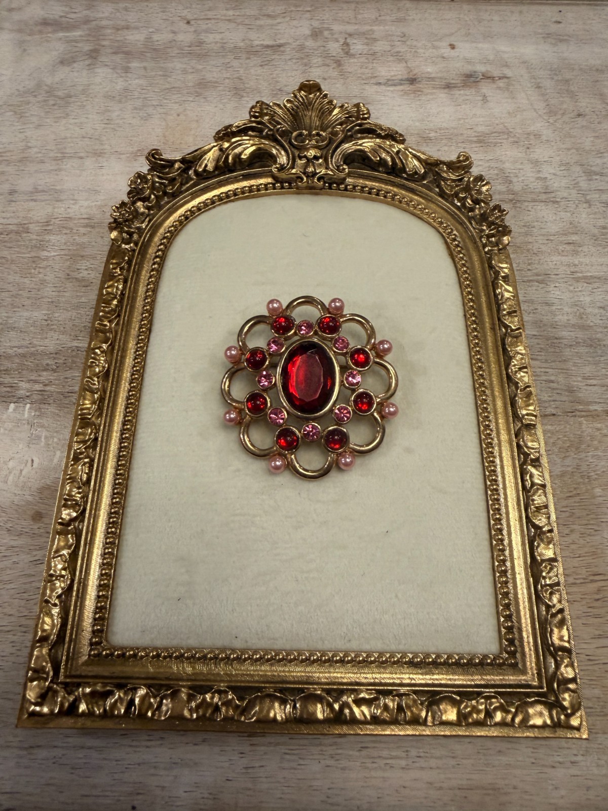 Red Crystal Pink Rhinestone Faux Pearl Victorian-Style Brooch
