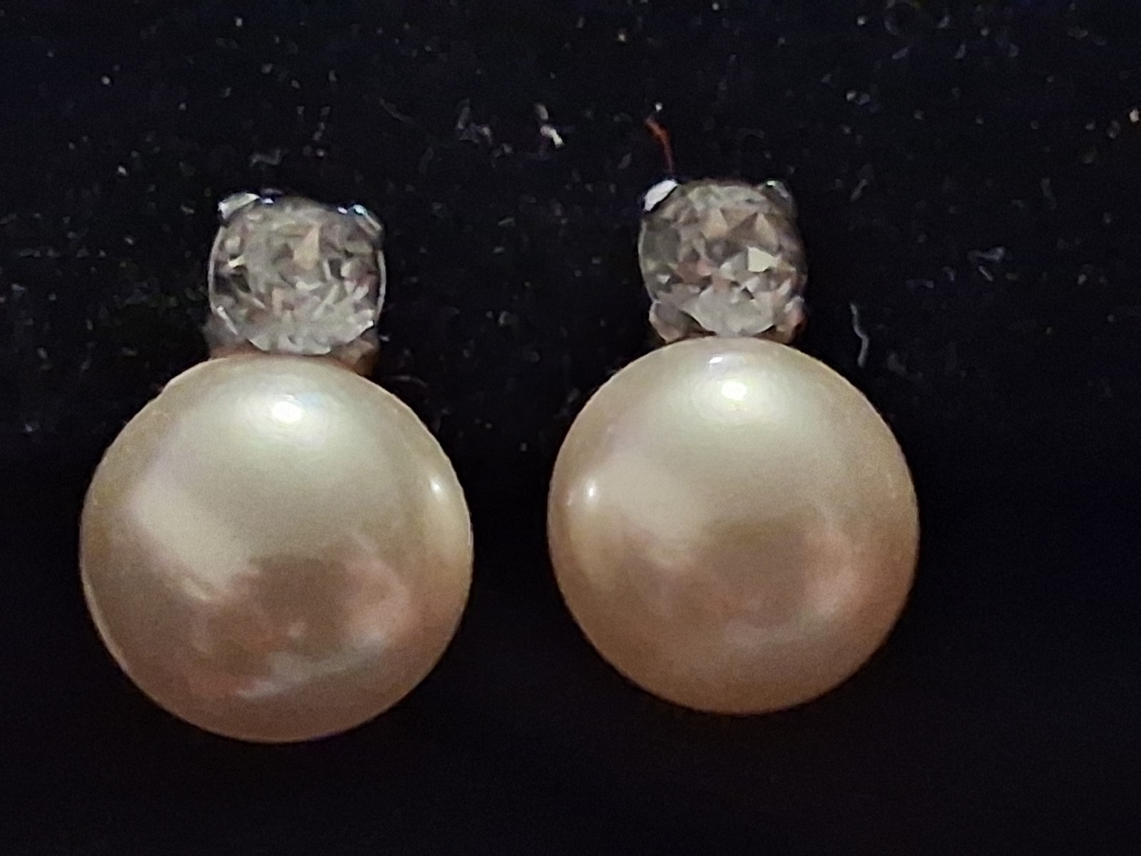 Vintage Mazer Bros Sterling Silver Faux Pearl Clear Rhinestone Clip On Earrings