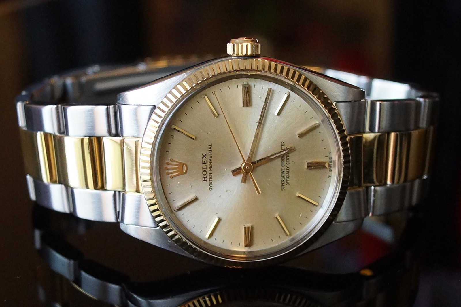 Men’s Rolex Oyster Perpetual 18K 34mm 6.5″ Ref.#1005 Gold Dial Fluted Bezel