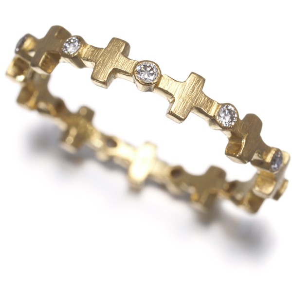 Auth AHKAH Ring Diamond 0.11ct Cross Matte US5-5.25 18K 750 Yellow Gold