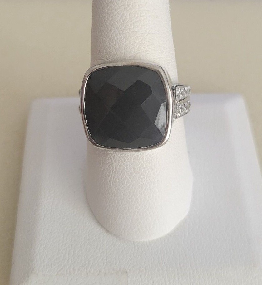 Black Onyx Natural White Zircon Sterling Silver Ring (Size 9) 11.70 CTS