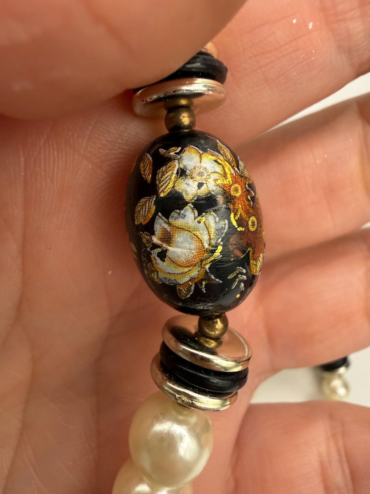 Vintage Faux Pearl Necklace, Black Floral Cloisonné Style Beads, 1980s Statement