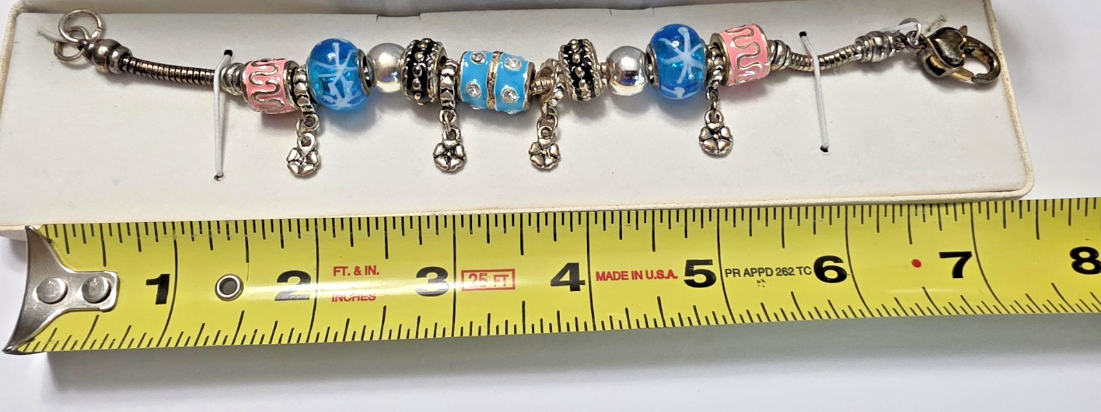 Charm Bracelet Sliver Toned with Blue Painted Glass, Pink & Silver Toned Charms