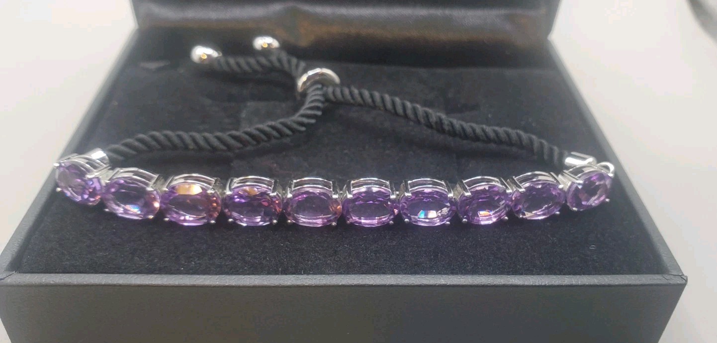 NIB 925 Sterling Amethyst Gemstone TESTED Slide Bracelet W/ Black Cord