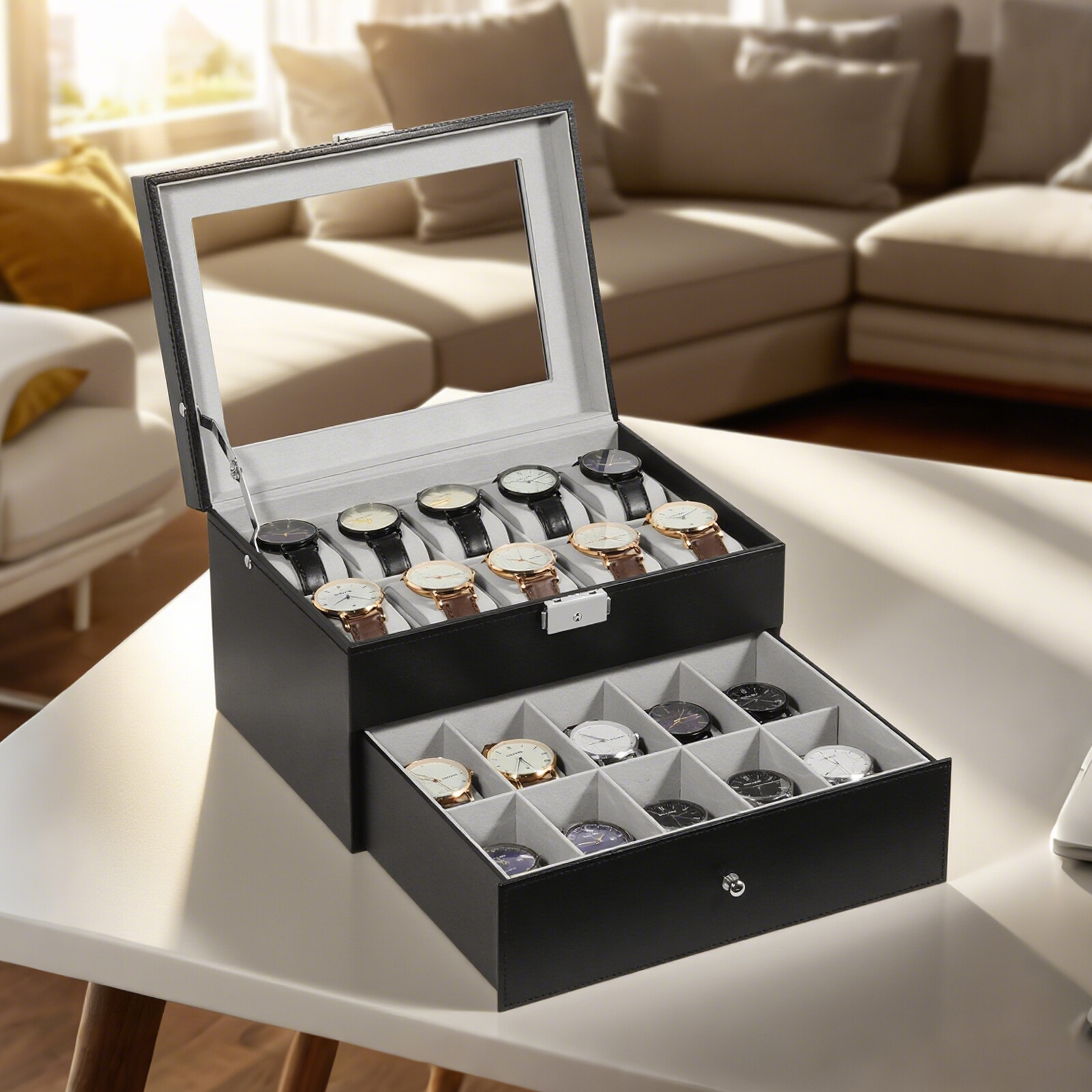 20-Slots Watch Box Case 2 Layers Watch Jewelry Holder Organizer Storage Display