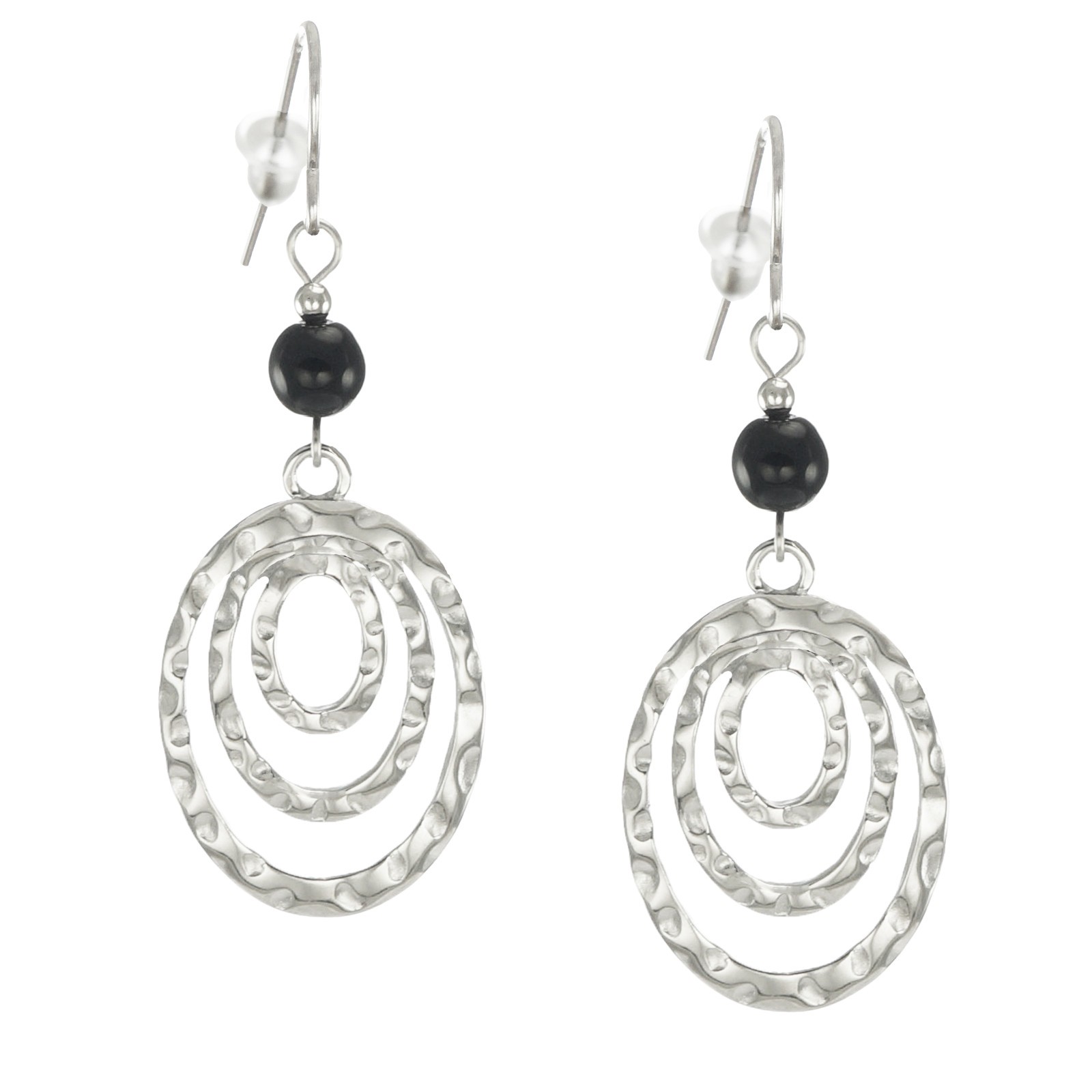 Gold or Silver Oval Hammered Drops with Black Beads Earrings, Hypoallergenic