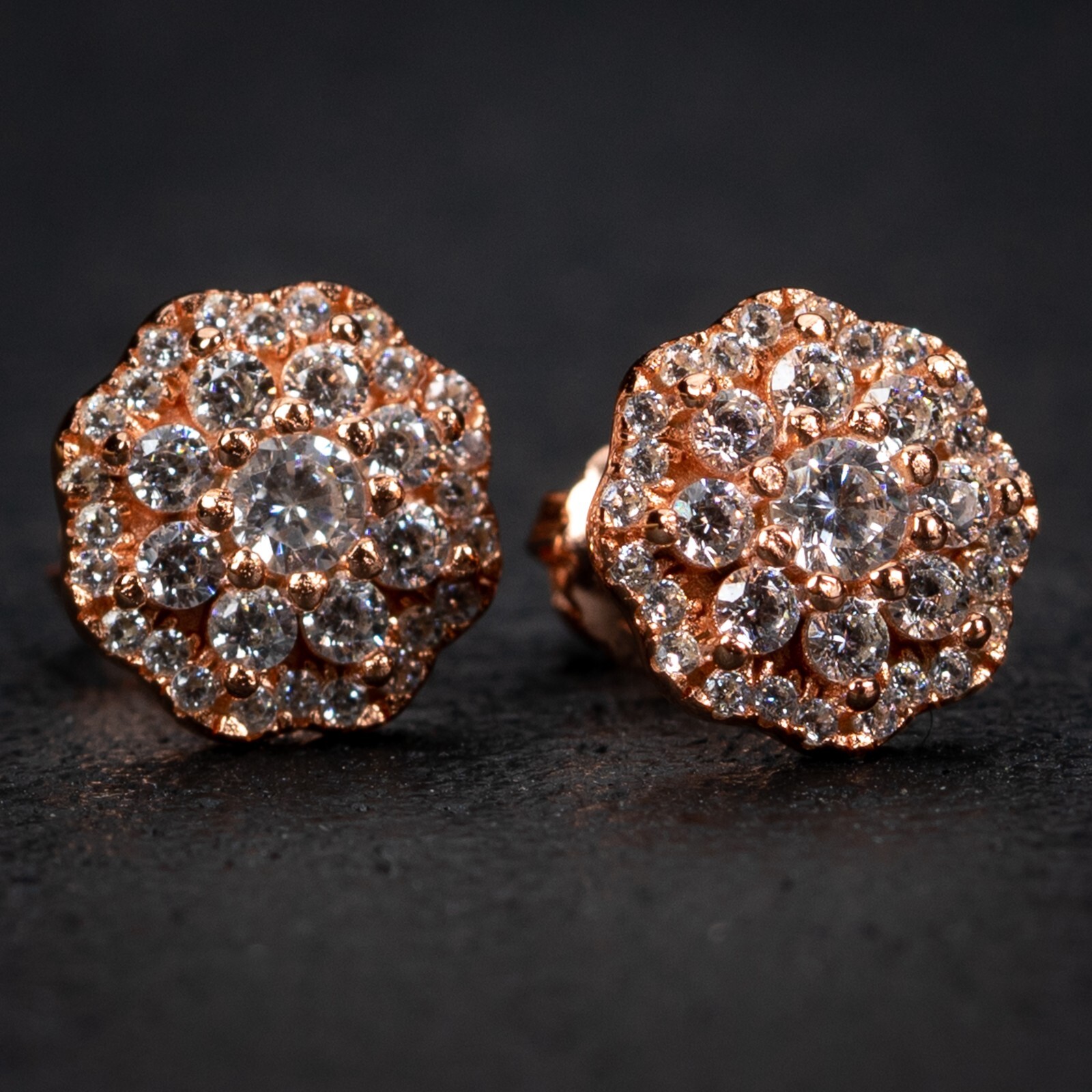 Iced Pink CZ Rose Gold Sterling Silver Flower Cluster Hip Hop Stud Earrings