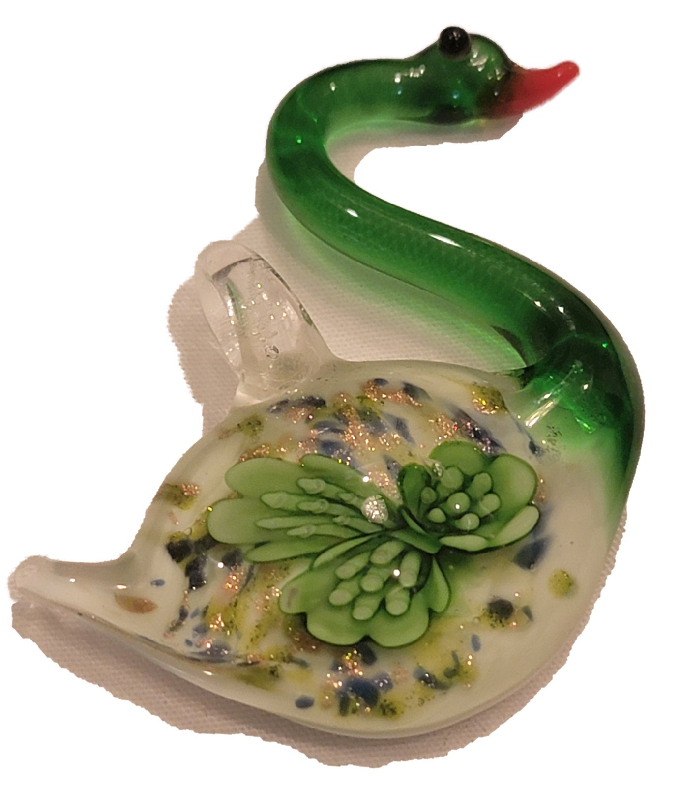 Handcrafted Blowen Green Swan Murano Glass Pendant with Gold Foil Clean Look