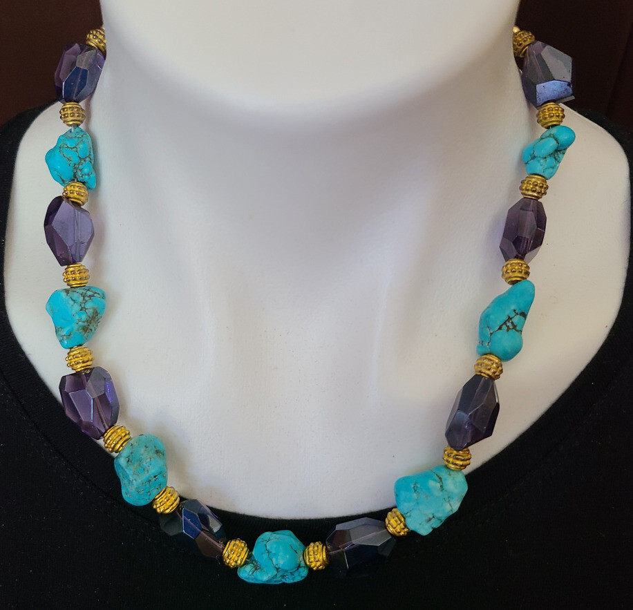 Chunky Turquoise Howlite and Amethyst Glass with gold tone spacers toggle clasp
