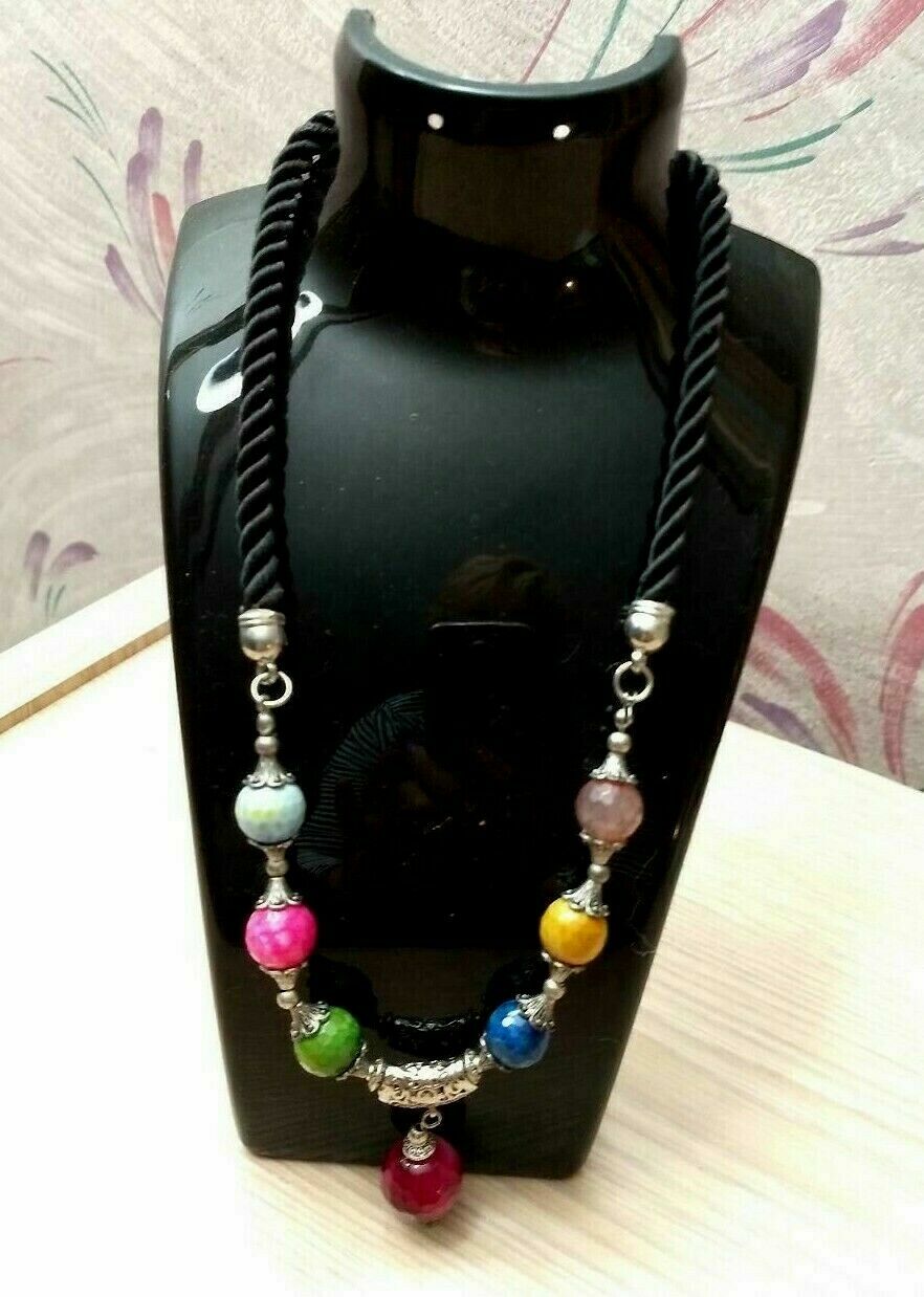 Multi-color Faceted Gemstone Bead Black Cord Silver Tone Metal Necklace Pendant