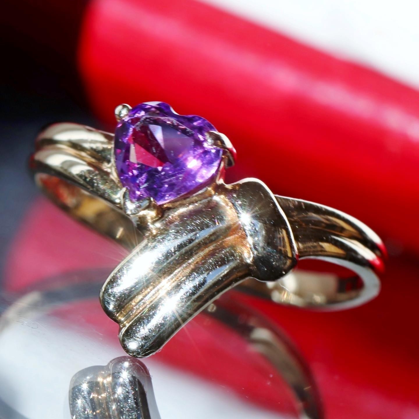 14k yellow gold ring 0.40ct amethyst heart solitaire size 5 vintage 1.95g N2695S