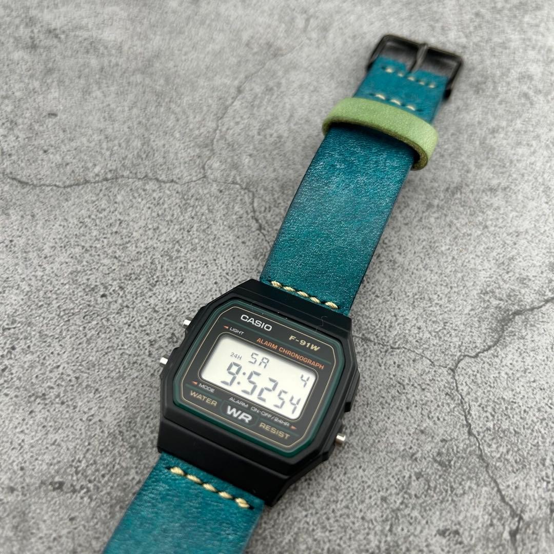 CASIO F 91W leather belt custom Marugo wax turquoise